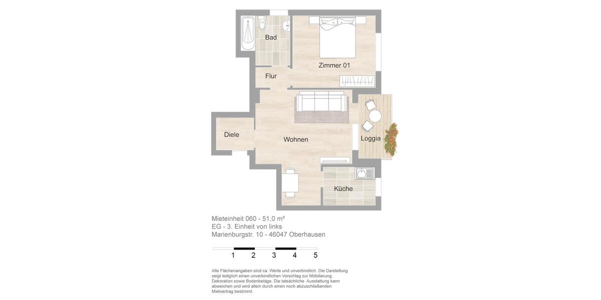Erdgeschoßwohnung Oberhausen Alt-Oberhausen - 2 Zimmer, 51 m&sup2;, 574&euro; | Angebot:26660206