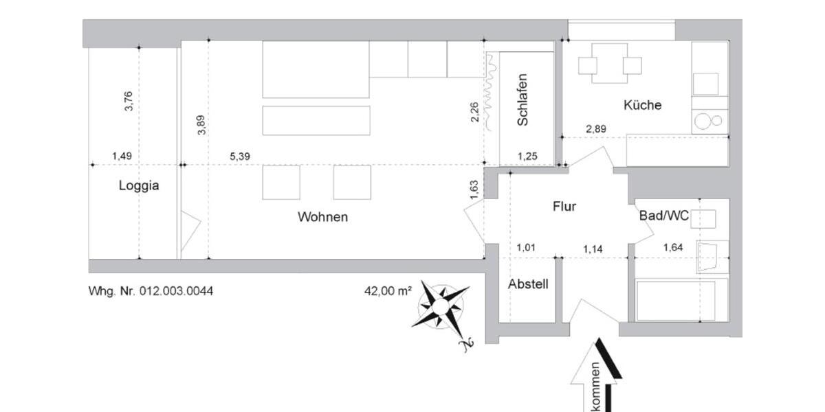 Etagenwohnung Duisburg Essenberg - 1 Zimmer, 42 m&sup2;, 460&euro; | Angebot:26249918