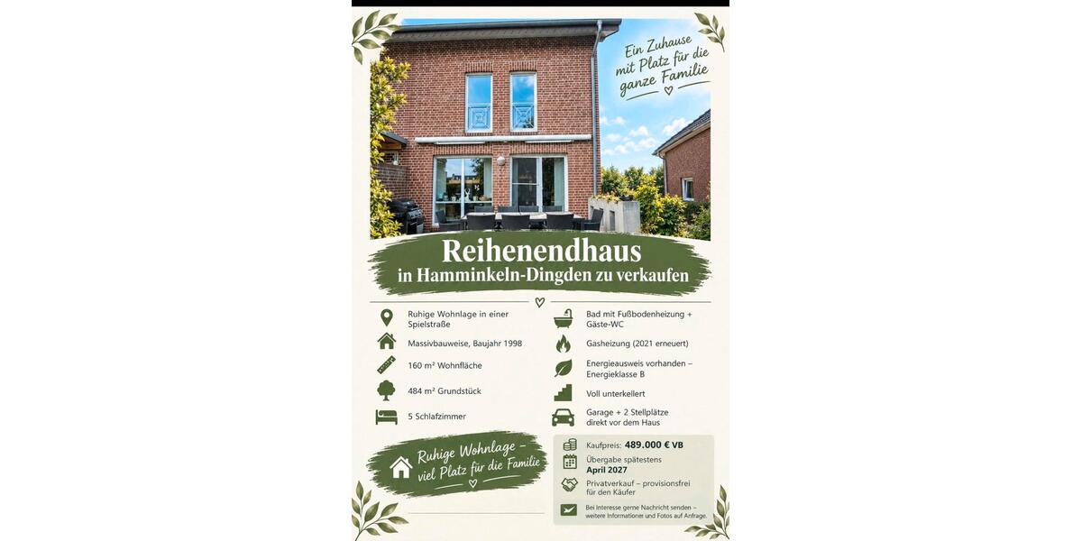 Reihenhaus Hamminkeln - 6 Zimmer, 160 m&sup2;, 489.000&euro; | Angebot:27617962