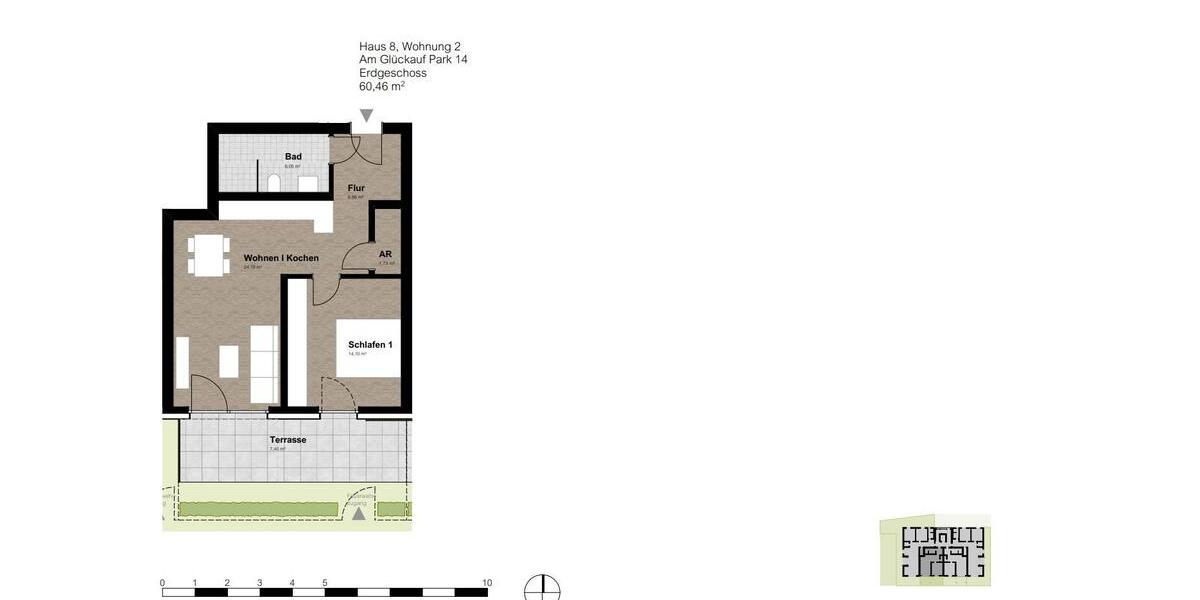 Erdgeschoßwohnung Gelsenkirchen Gelsenkirchen-Nord - 2 Zimmer, 60 m&sup2;, 755&euro; | Angebot:25852198